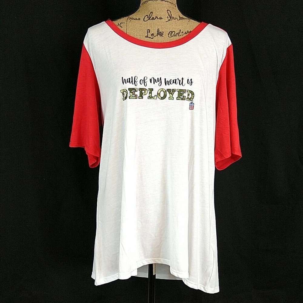 NWT LulaRoe‎ sz L Boyfriend T Shirt White Red Graphic Half my Heart is Deployed